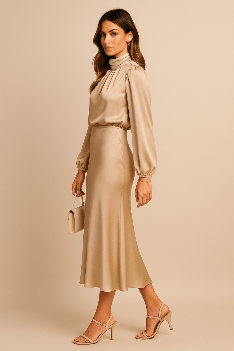 Women’s High Neck Midi Dress – Elegant High Waist Silhouette - Nalani - Fashion Clothing and Decor