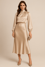 Women’s High Neck Midi Dress – Elegant High Waist Silhouette - Nalani - Fashion Clothing and Decor