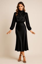 Women’s High Neck Midi Dress – Elegant High Waist Silhouette - Nalani - Fashion Clothing and Decor
