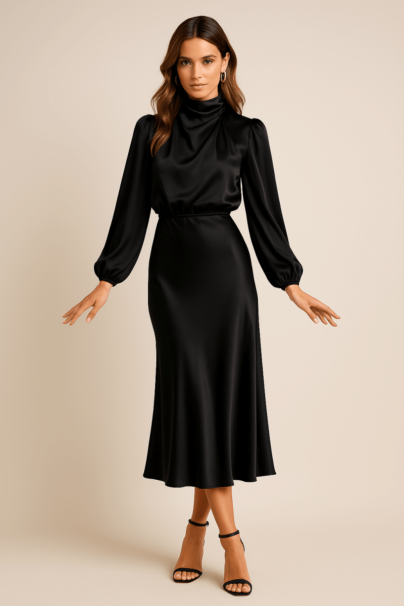 Women’s High Neck Midi Dress – Elegant High Waist Silhouette - Nalani - Fashion Clothing and Decor