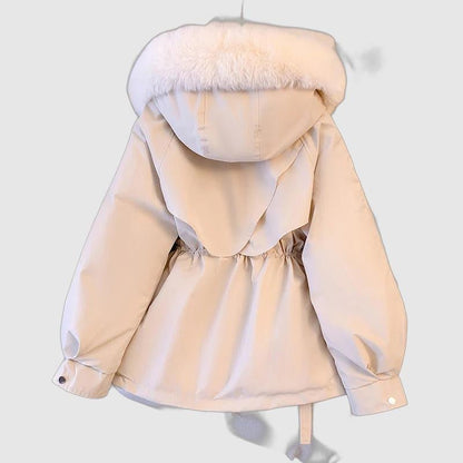 Women's Hooded Puffer Jacket With Cinched Waist And Faux Fur Hood - Nalani - UK Fashion Clothing and Decor