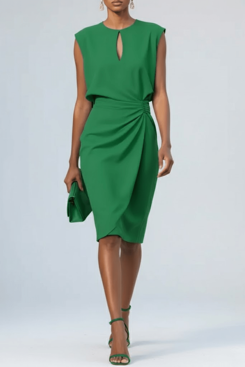 Women’s Keyhole Neck Midi Cocktail Dress – Elegant Ruched Waist Design - Nalani - Fashion Clothing and Decor