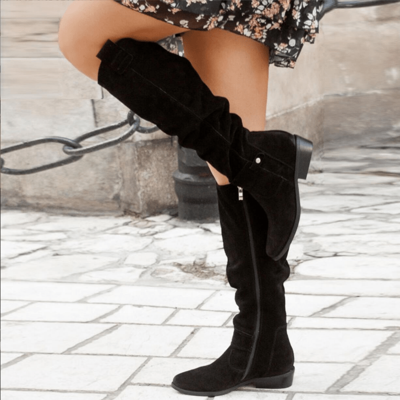 Women’s Knee-High Slouch Boots – Elegant Everyday Style With Low Heel - Nalani - Fashion Clothing and Decor