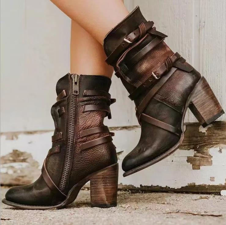 Women's Leather Ankle Boots Slouchy Buckle Straps Block Heel - Nalani - UK Fashion Clothing and Decor