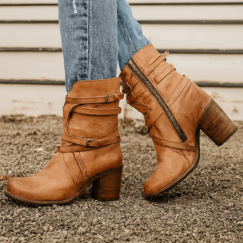 Women's Leather Ankle Boots Slouchy Buckle Straps Block Heel - Nalani - UK Fashion Clothing and Decor