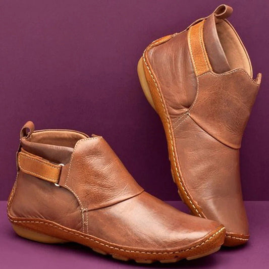 Womens Leather Ankle Boots With Strap Detail Rounded Toe And Rugged Sole - Nalani - UK Fashion Clothing and Decor