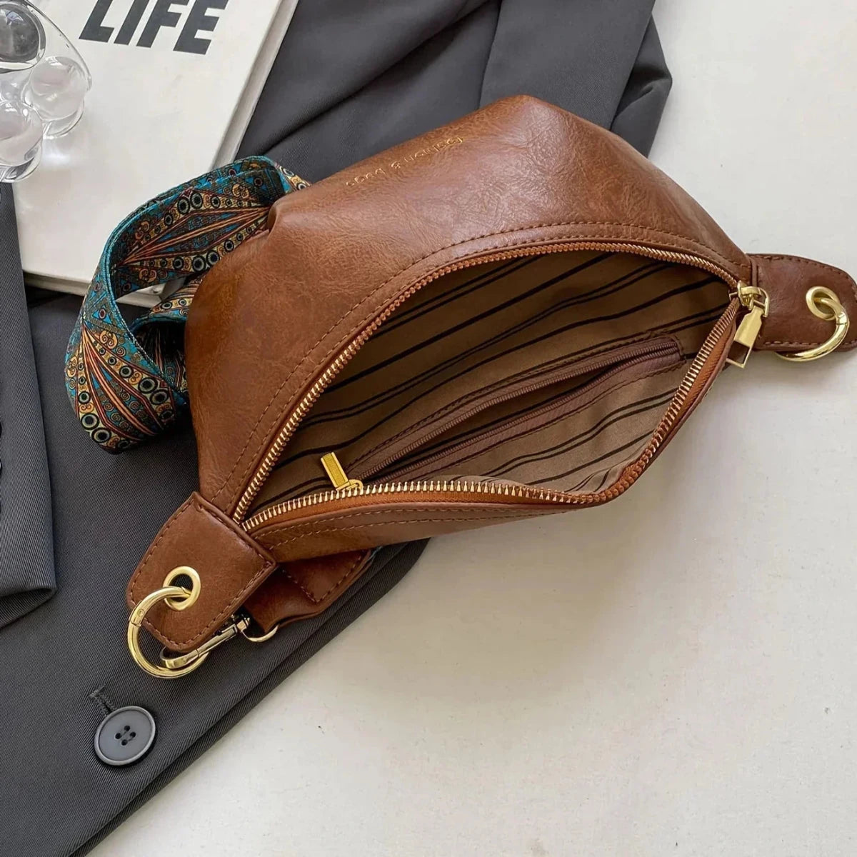 Women’s Leather Bum Bag - Crossbody Belt Bag with Embroidered Strap - Nalani - Fashion Clothing and Decor