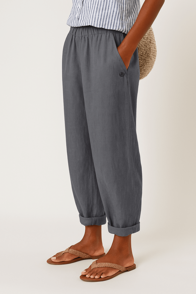 Women's Linen Trousers Tapered Elasticated Waist Summer Relaxed Fit - Nalani - Fashion Clothing and Decor