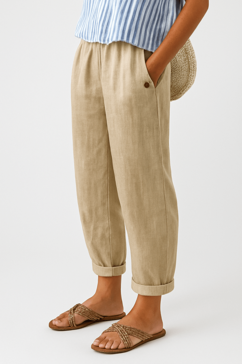 Women's Linen Trousers Tapered Elasticated Waist Summer Relaxed Fit - Nalani - Fashion Clothing and Decor