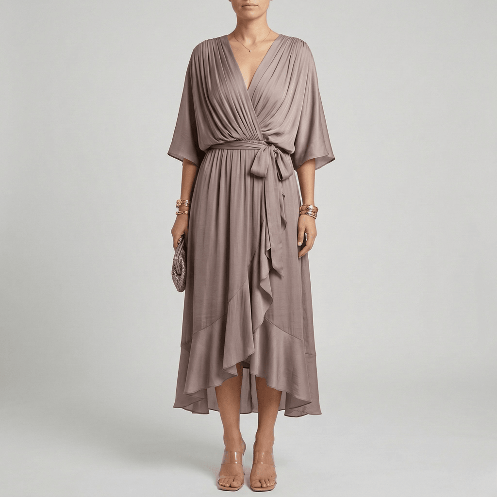 Women's long dress with V - neck and belt, elegant dress with wide sleeves, summer style - Nalani - UK and AUS Fashion Clothing and Decor