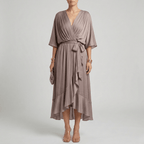 Women's long dress with V - neck and belt, elegant dress with wide sleeves, summer style - Nalani - UK and AUS Fashion Clothing and Decor