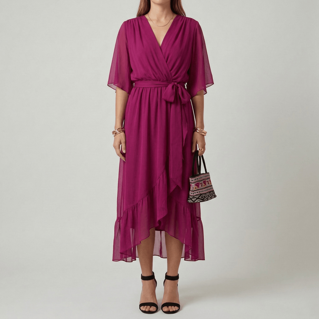 Women's long dress with V - neck and belt, elegant dress with wide sleeves, summer style - Nalani - UK and AUS Fashion Clothing and Decor