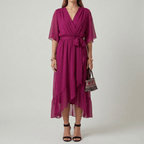 Women's long dress with V - neck and belt, elegant dress with wide sleeves, summer style - Nalani - UK and AUS Fashion Clothing and Decor