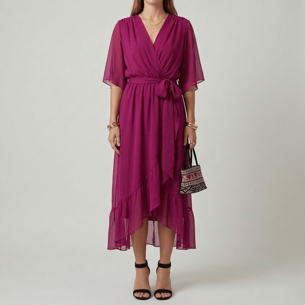 Women's long dress with V - neck and belt, elegant dress with wide sleeves, summer style - Nalani - UK and AUS Fashion Clothing and Decor
