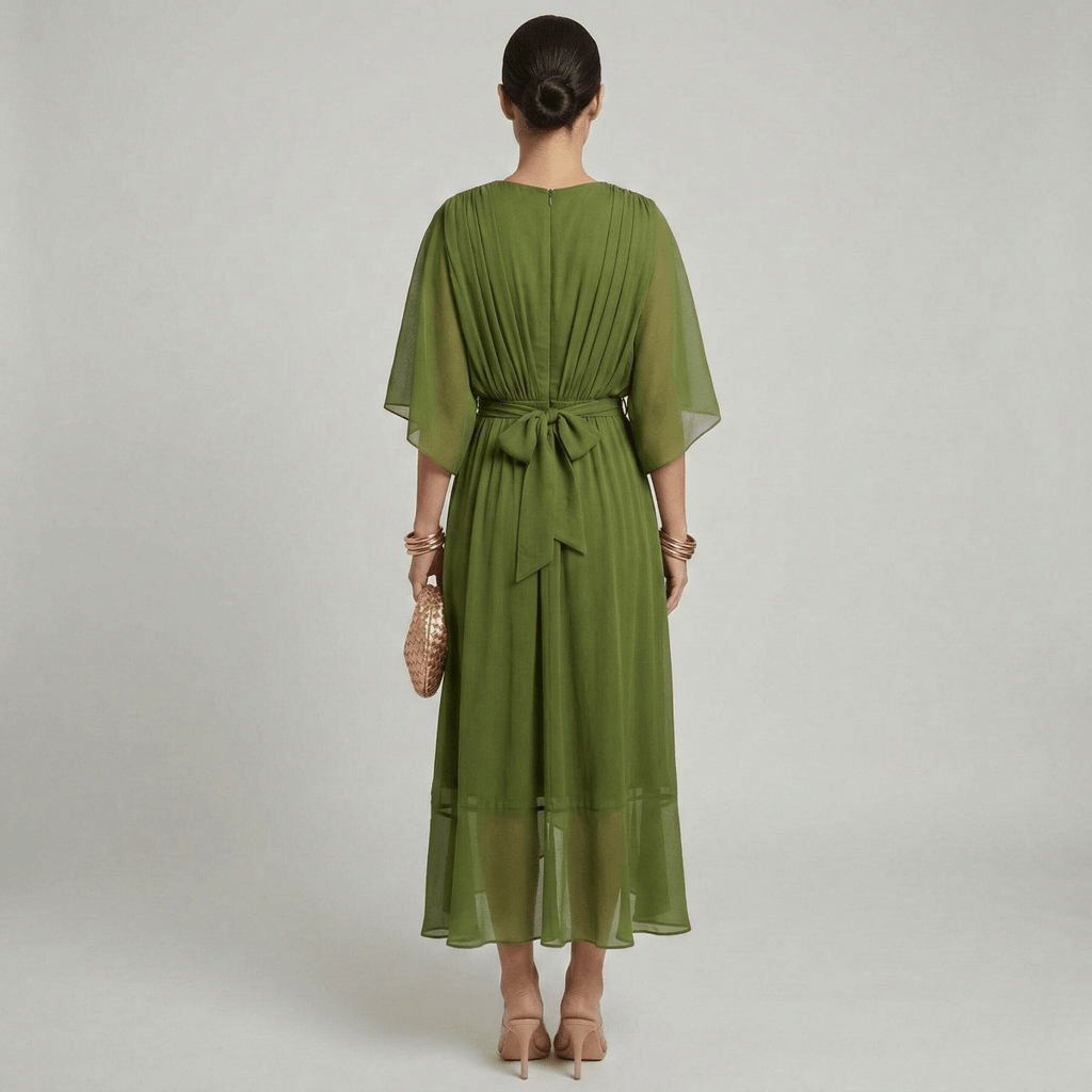 Women's long dress with V - neck and belt, elegant dress with wide sleeves, summer style - Nalani - UK and AUS Fashion Clothing and Decor