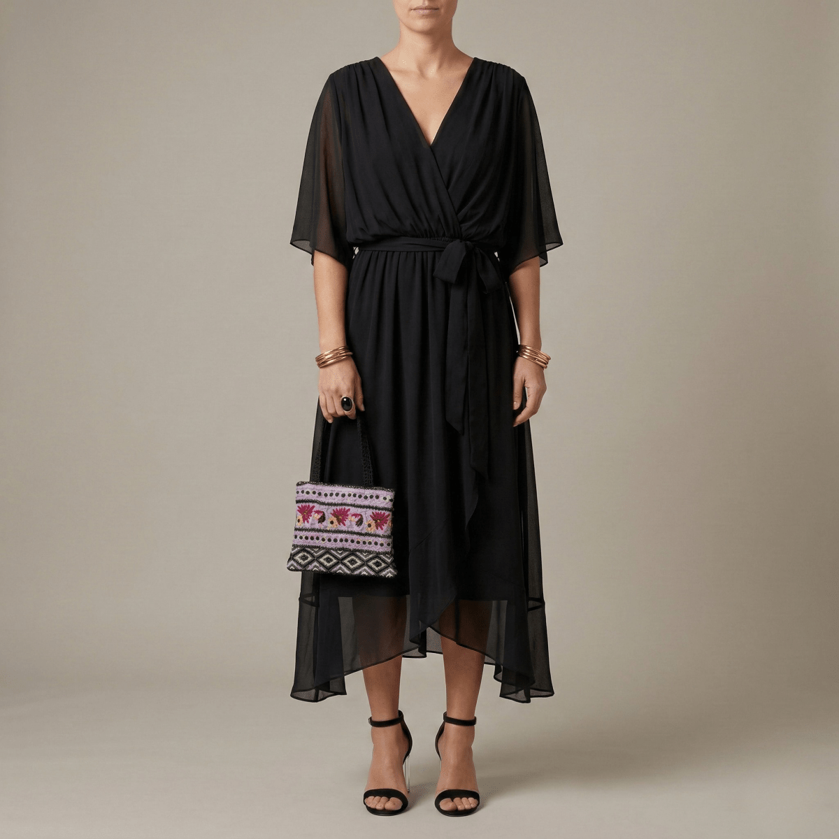 Women's long dress with V - neck and belt, elegant dress with wide sleeves, summer style - Nalani - UK and AUS Fashion Clothing and Decor