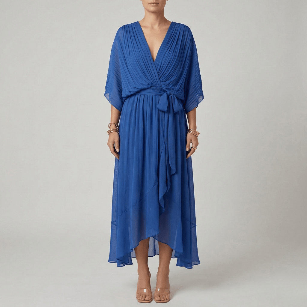 Women's long dress with V - neck and belt, elegant dress with wide sleeves, summer style - Nalani - UK and AUS Fashion Clothing and Decor