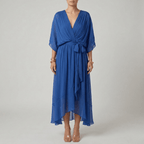 Women's long dress with V - neck and belt, elegant dress with wide sleeves, summer style - Nalani - UK and AUS Fashion Clothing and Decor