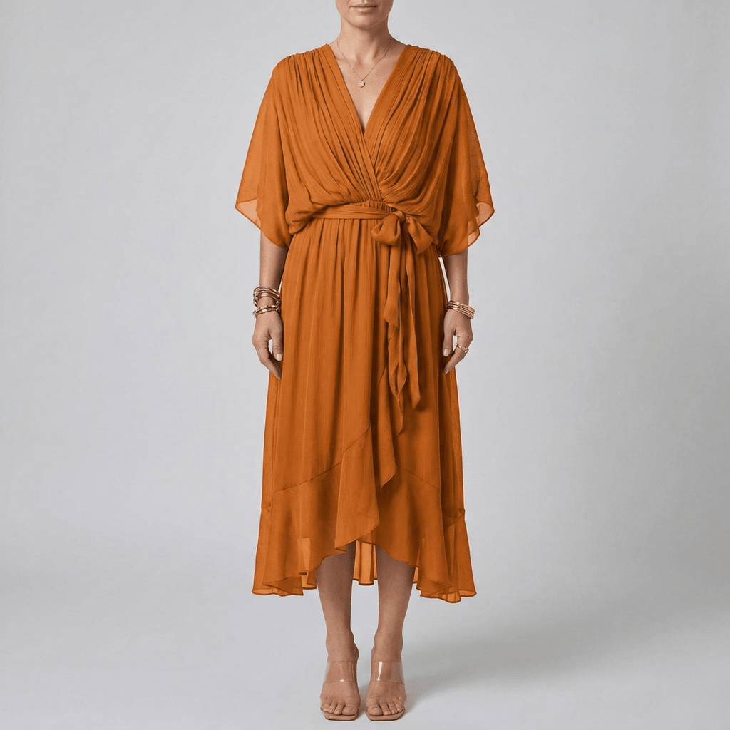Women's long dress with V - neck and belt, elegant dress with wide sleeves, summer style - Nalani - UK and AUS Fashion Clothing and Decor