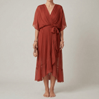 Women's long dress with V - neck and belt, elegant dress with wide sleeves, summer style - Nalani - UK and AUS Fashion Clothing and Decor