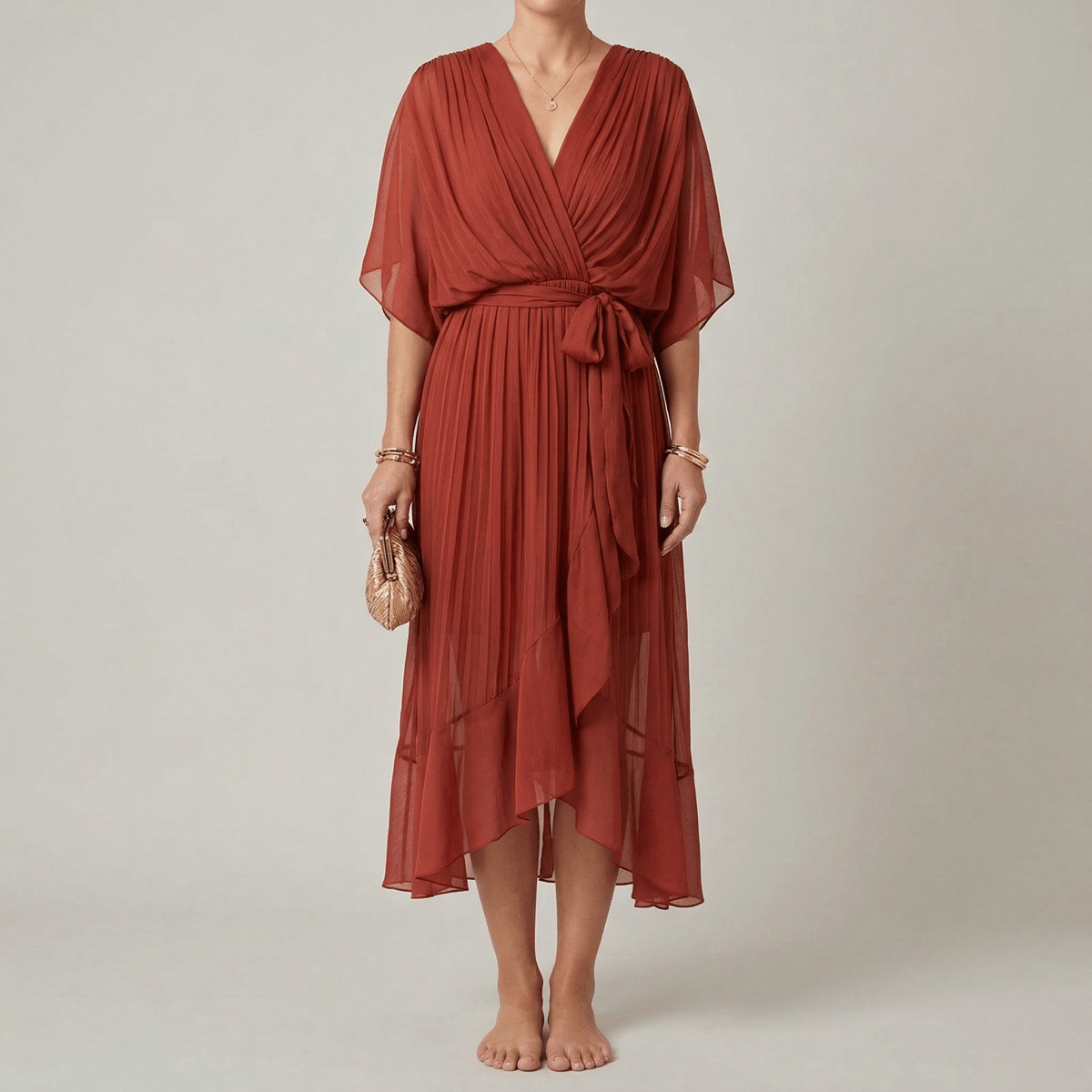 Women's long dress with V - neck and belt, elegant dress with wide sleeves, summer style - Nalani - UK and AUS Fashion Clothing and Decor