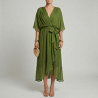 Women's long dress with V - neck and belt, elegant dress with wide sleeves, summer style - Nalani - UK and AUS Fashion Clothing and Decor
