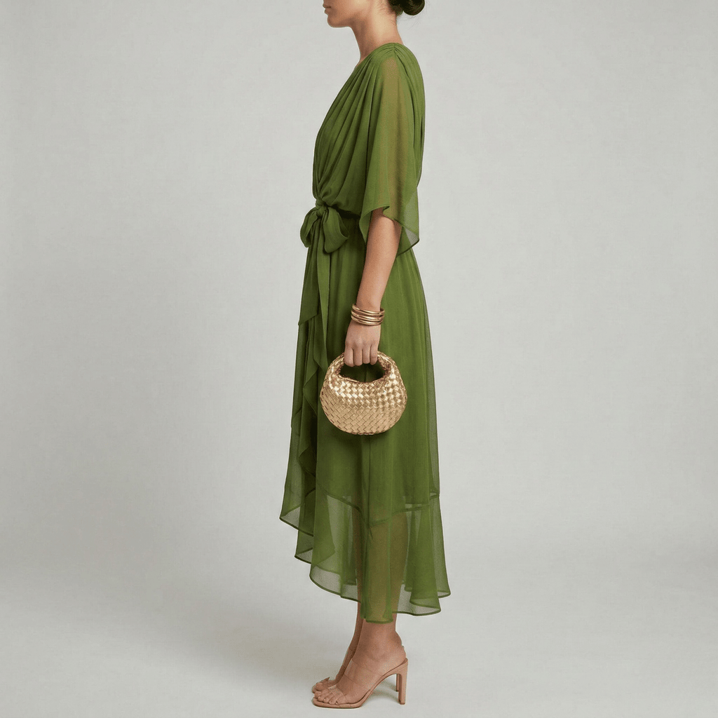 Women's long dress with V - neck and belt, elegant dress with wide sleeves, summer style - Nalani - UK and AUS Fashion Clothing and Decor