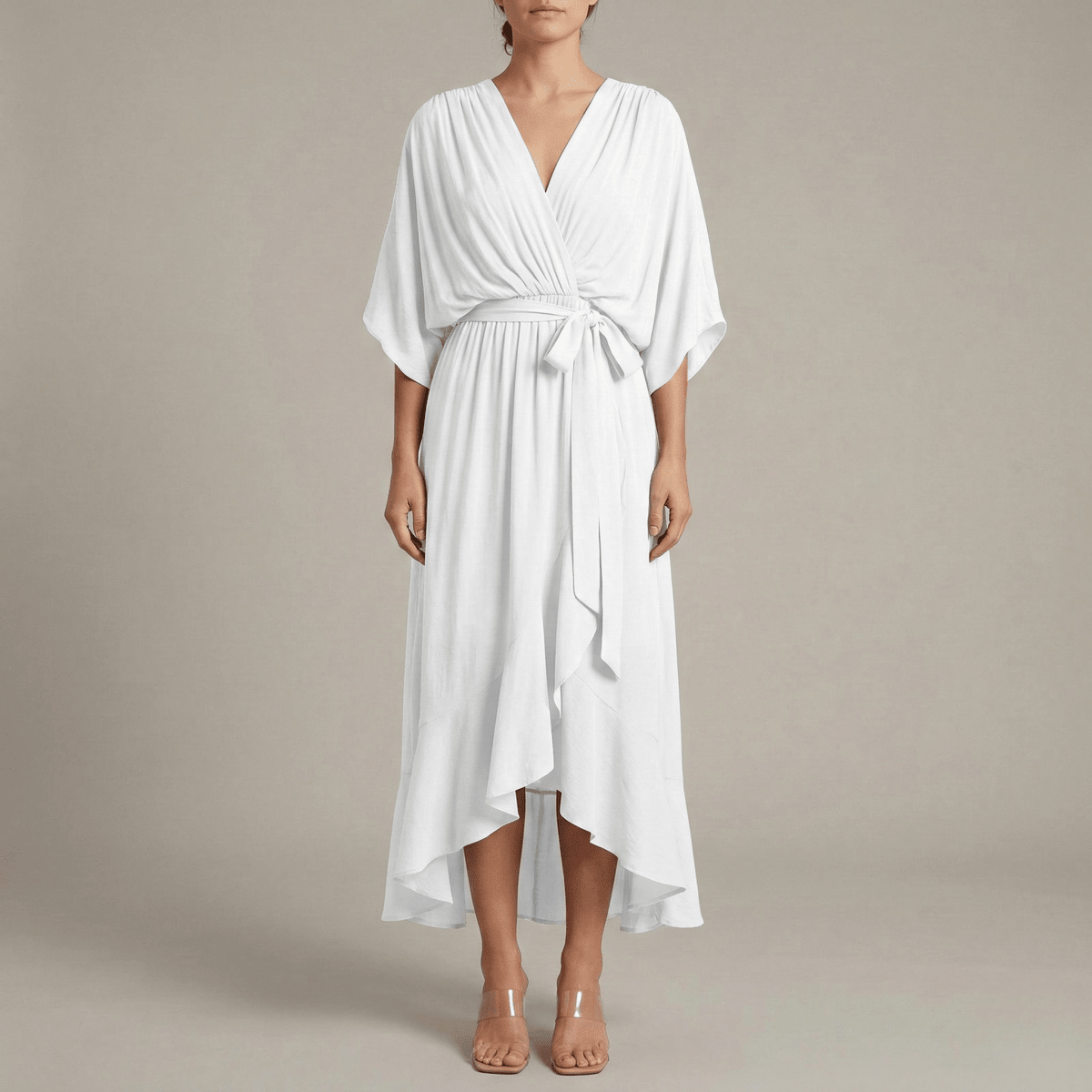 Women's long dress with V - neck and belt, elegant dress with wide sleeves, summer style - Nalani - UK and AUS Fashion Clothing and Decor
