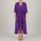 Women's long dress with V - neck and belt, elegant dress with wide sleeves, summer style - Nalani - UK and AUS Fashion Clothing and Decor