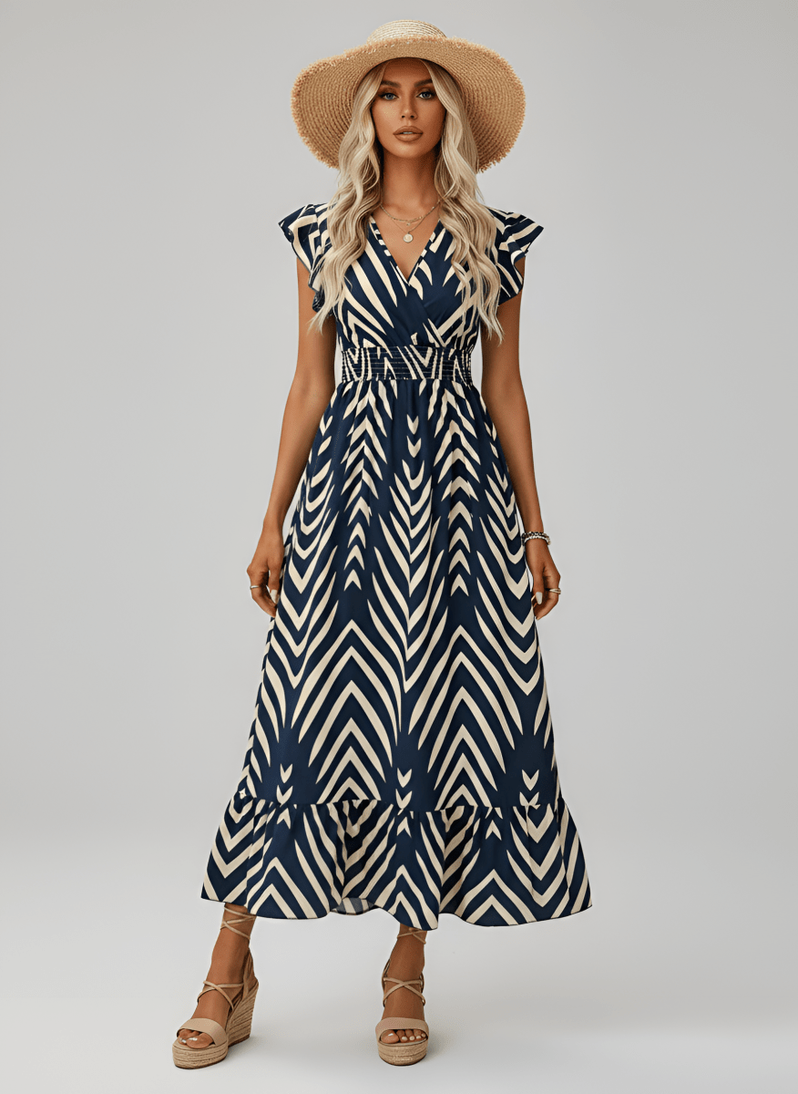 Women's long dress with V - neck and geometric print, elasticized waist - Nalani - UK and AUS Fashion Clothing and Decor