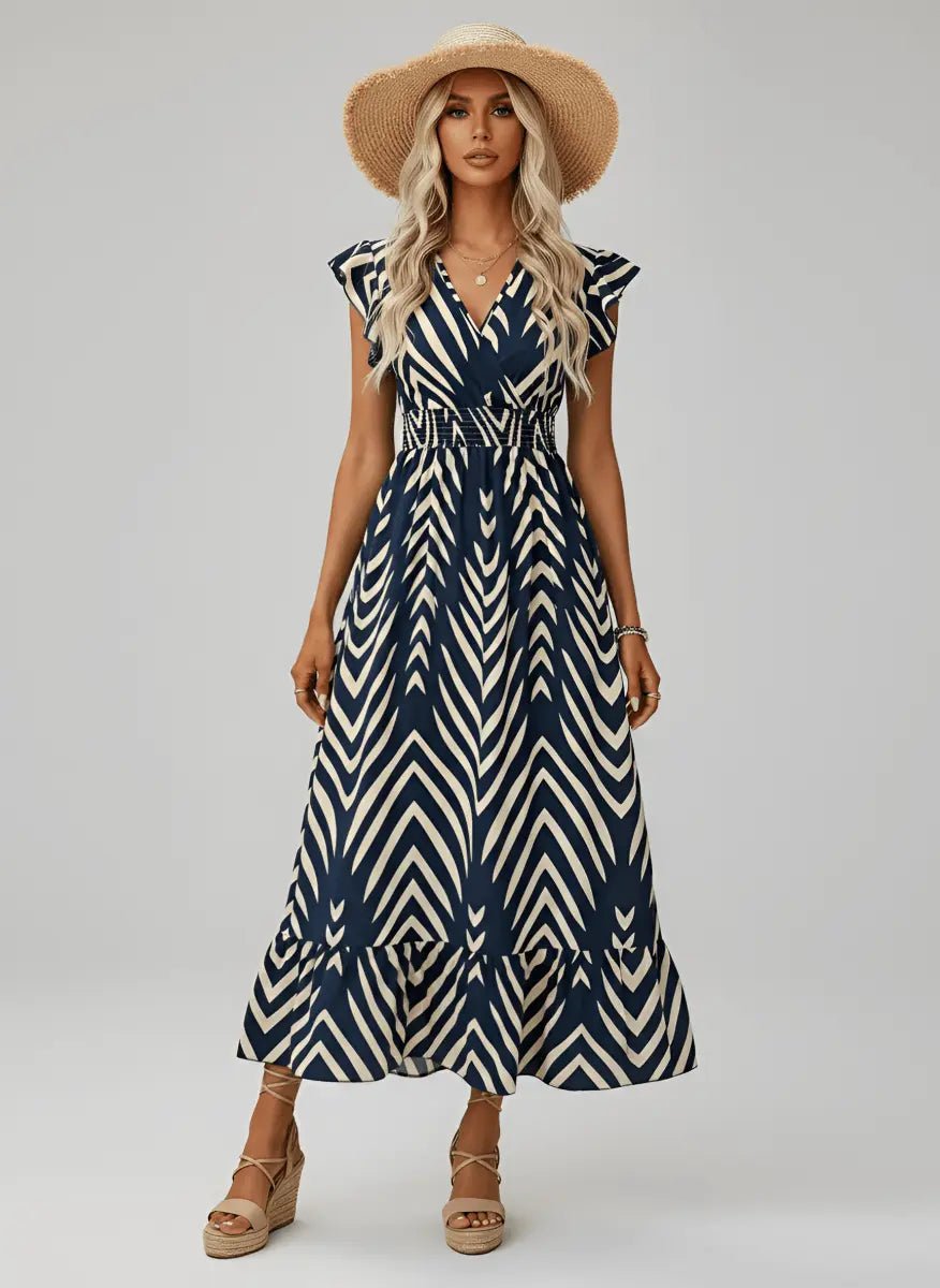 Women's long dress with V-neck and geometric print, elasticized waist - Nalani - Fashion Clothing and Decor