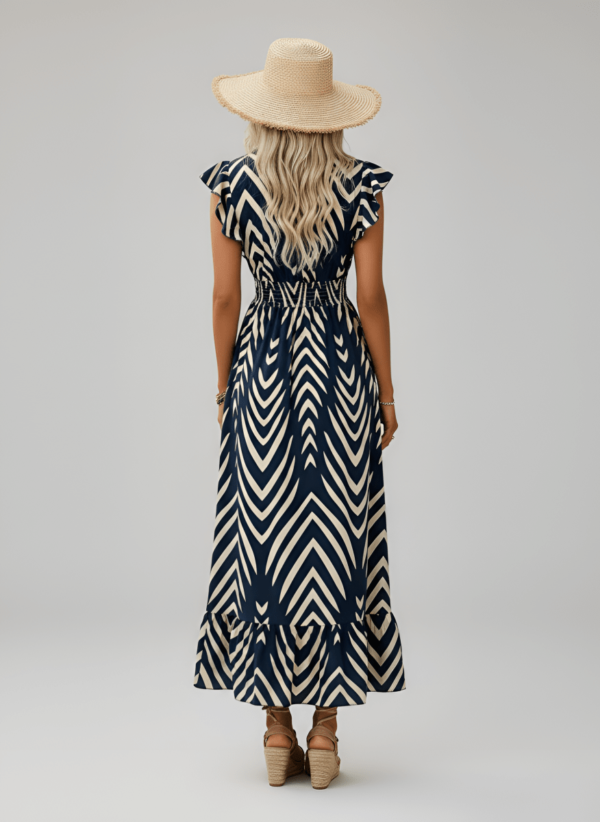 Women's long dress with V - neck and geometric print, elasticized waist - Nalani - UK and AUS Fashion Clothing and Decor