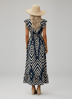Women's long dress with V - neck and geometric print, elasticized waist - Nalani - UK and AUS Fashion Clothing and Decor