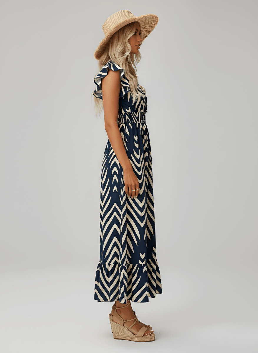 Women's long dress with V - neck and geometric print, elasticized waist - Nalani - UK and AUS Fashion Clothing and Decor