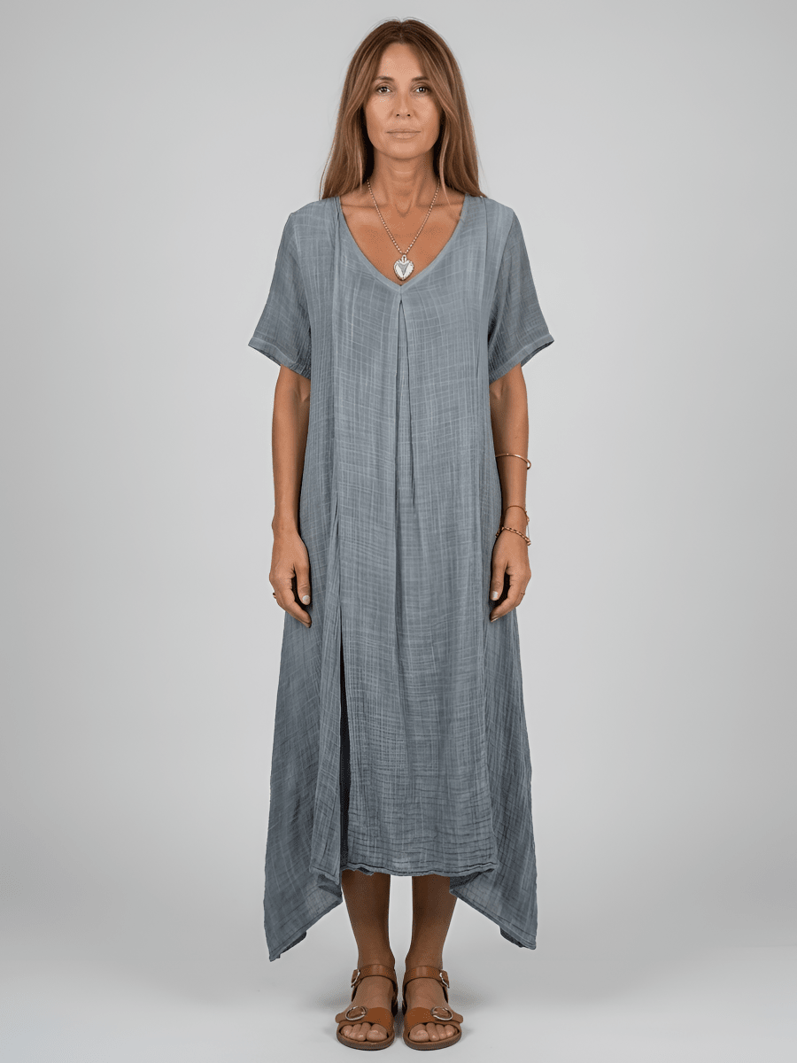 Women's long dress with V - neck, short sleeves, casual summer dress, loose fit women's dress - Nalani - UK and AUS Fashion Clothing and Decor