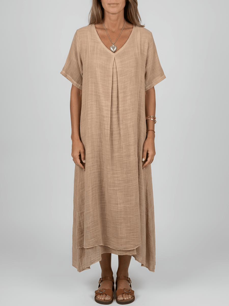 Women's long dress with V - neck, short sleeves, casual summer dress, loose fit women's dress - Nalani - UK and AUS Fashion Clothing and Decor