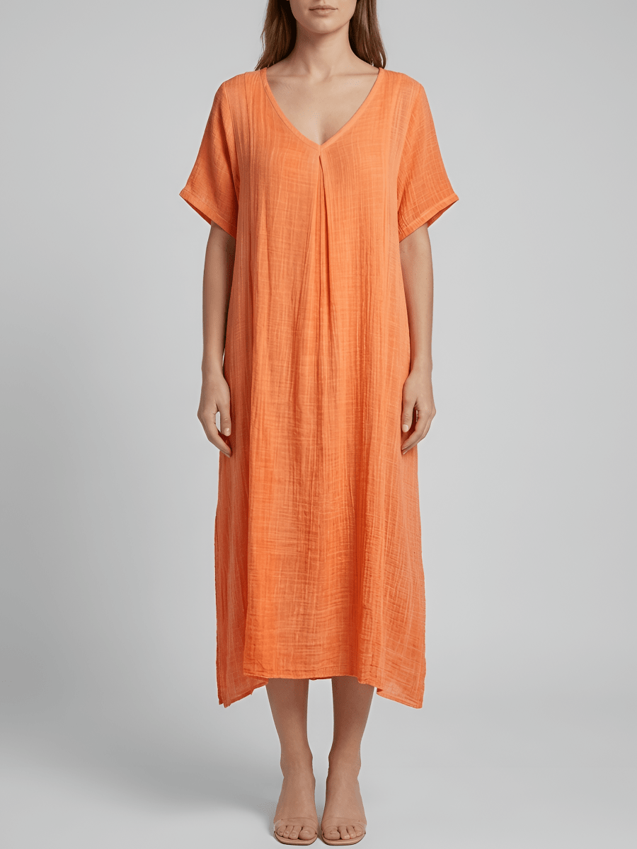 Women's long dress with V - neck, short sleeves, casual summer dress, loose fit women's dress - Nalani - UK and AUS Fashion Clothing and Decor