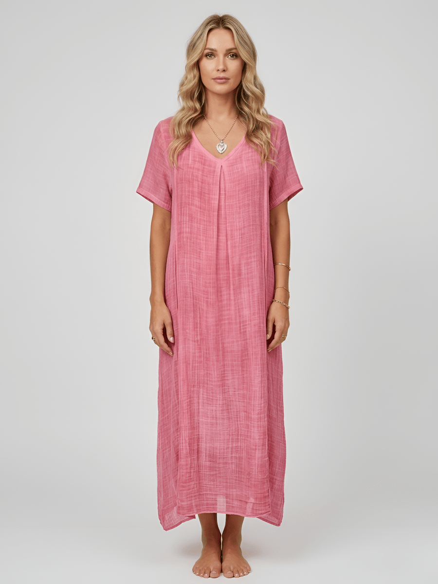 Women's long dress with V - neck, short sleeves, casual summer dress, loose fit women's dress - Nalani - UK and AUS Fashion Clothing and Decor