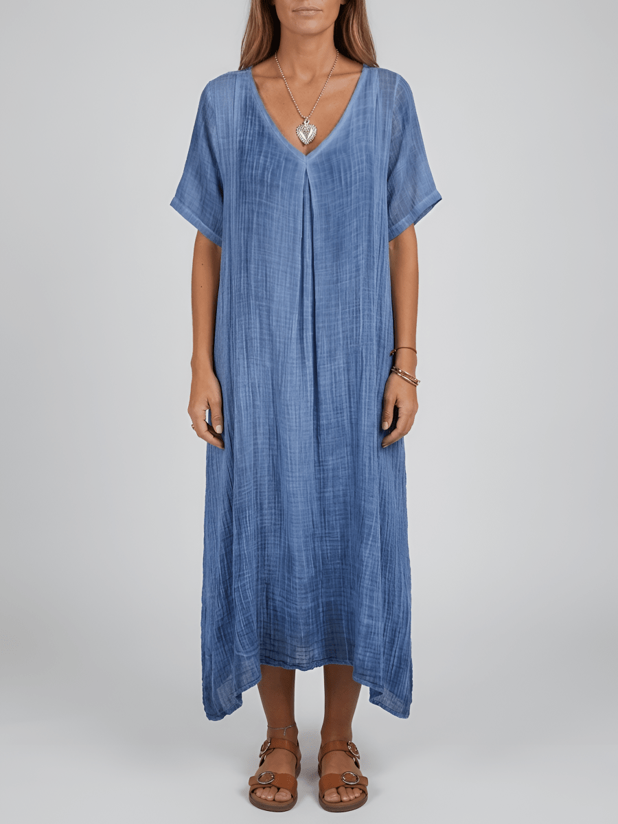 Women's long dress with V - neck, short sleeves, casual summer dress, loose fit women's dress - Nalani - UK and AUS Fashion Clothing and Decor