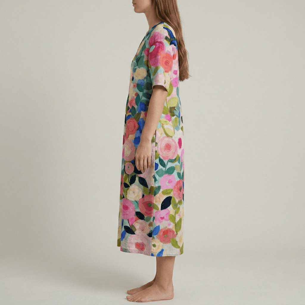 Women's long floral cotton dress with V - neck and short sleeves - Nalani - UK and AUS Fashion Clothing and Decor