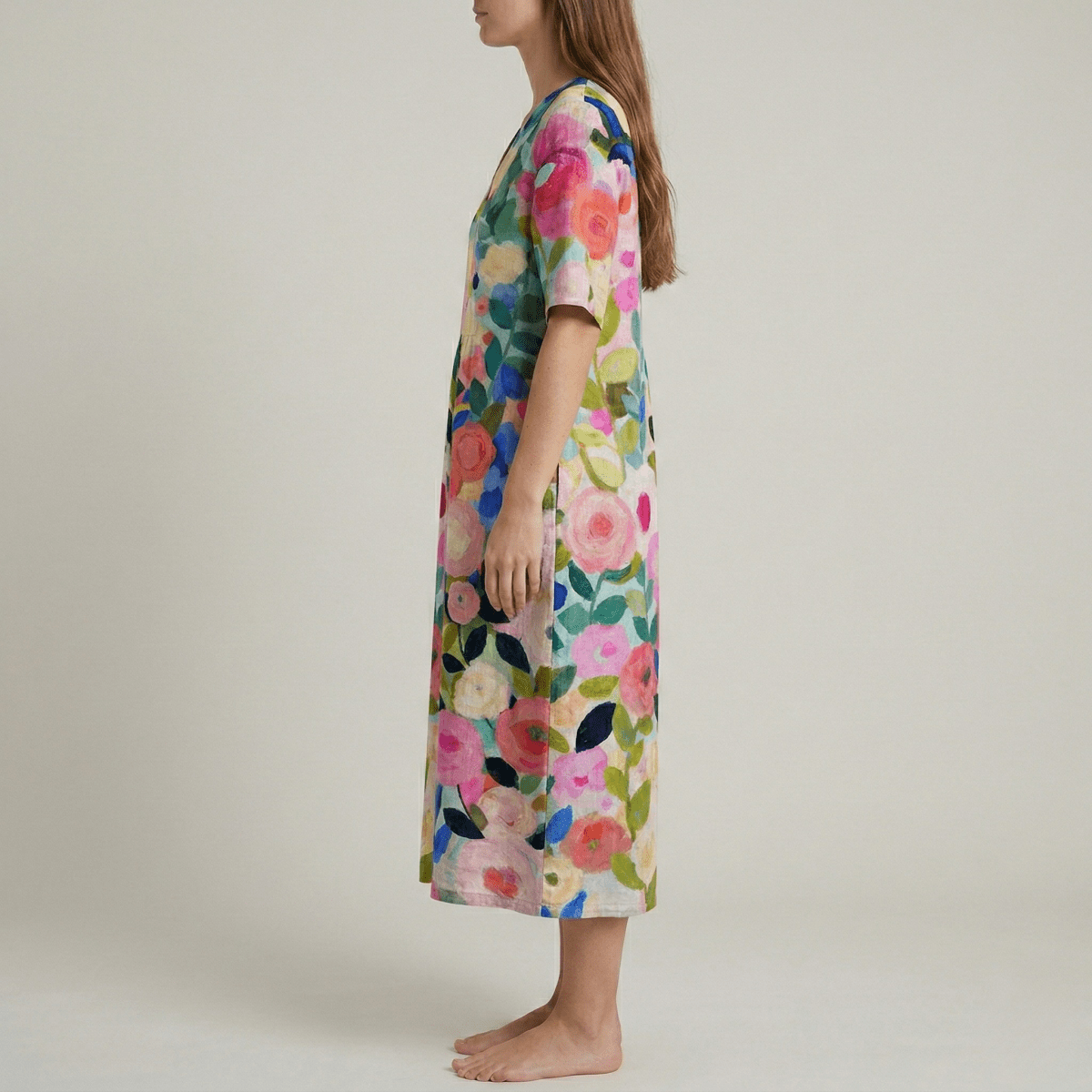 Women's long floral cotton dress with V - neck and short sleeves - Nalani - UK and AUS Fashion Clothing and Decor