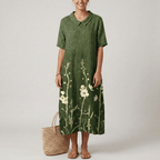 Women's long floral cotton dress with V - neck and short sleeves - Nalani - UK and AUS Fashion Clothing and Decor