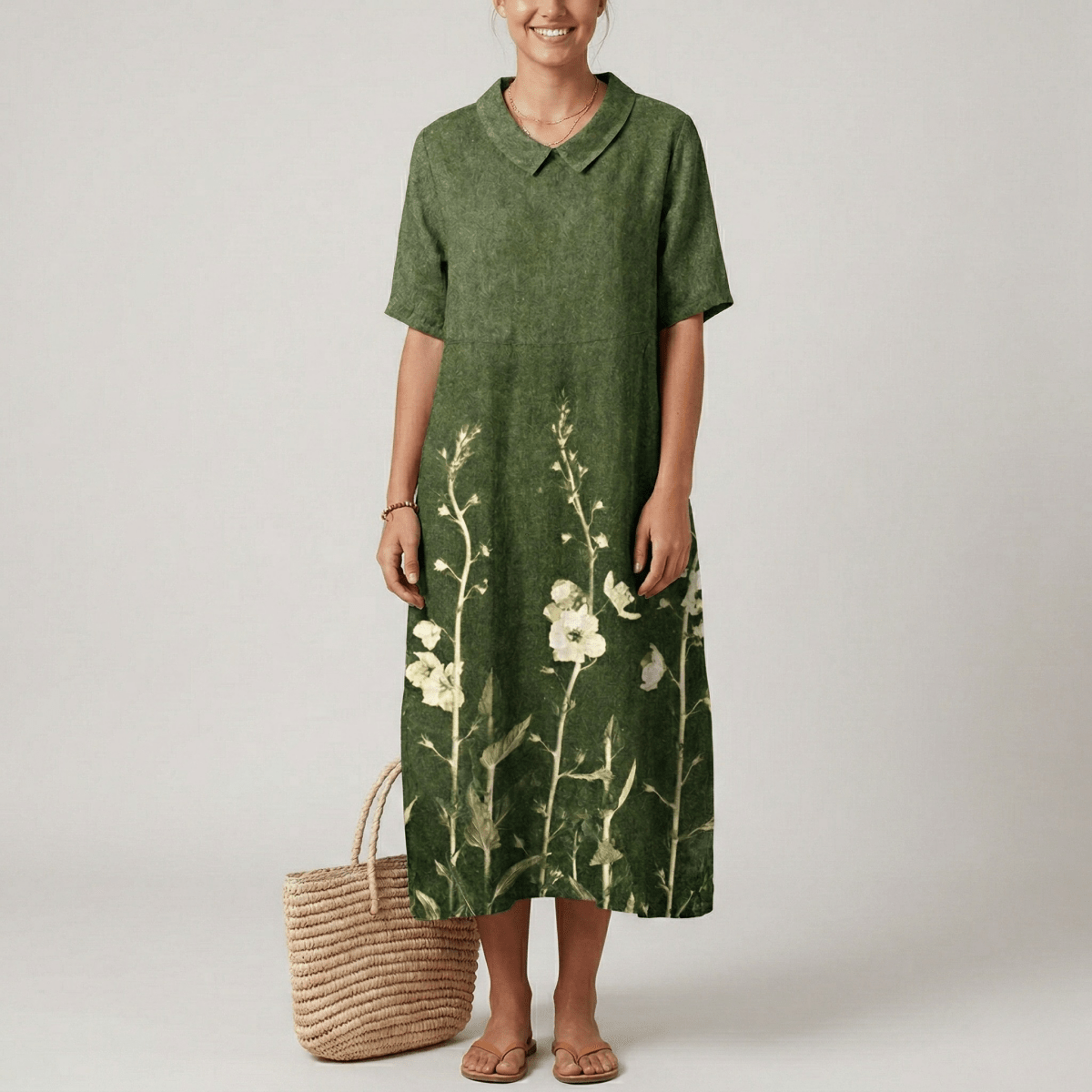 Women's long floral cotton dress with V - neck and short sleeves - Nalani - UK and AUS Fashion Clothing and Decor