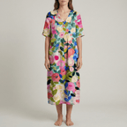 Women's long floral cotton dress with V - neck and short sleeves - Nalani - UK and AUS Fashion Clothing and Decor