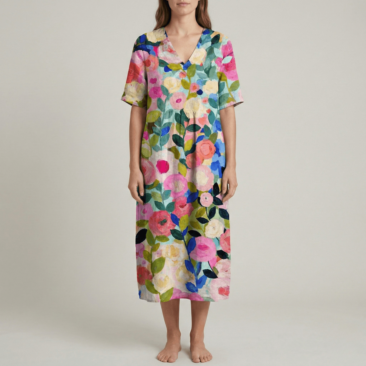 Women's long floral cotton dress with V - neck and short sleeves - Nalani - UK and AUS Fashion Clothing and Decor