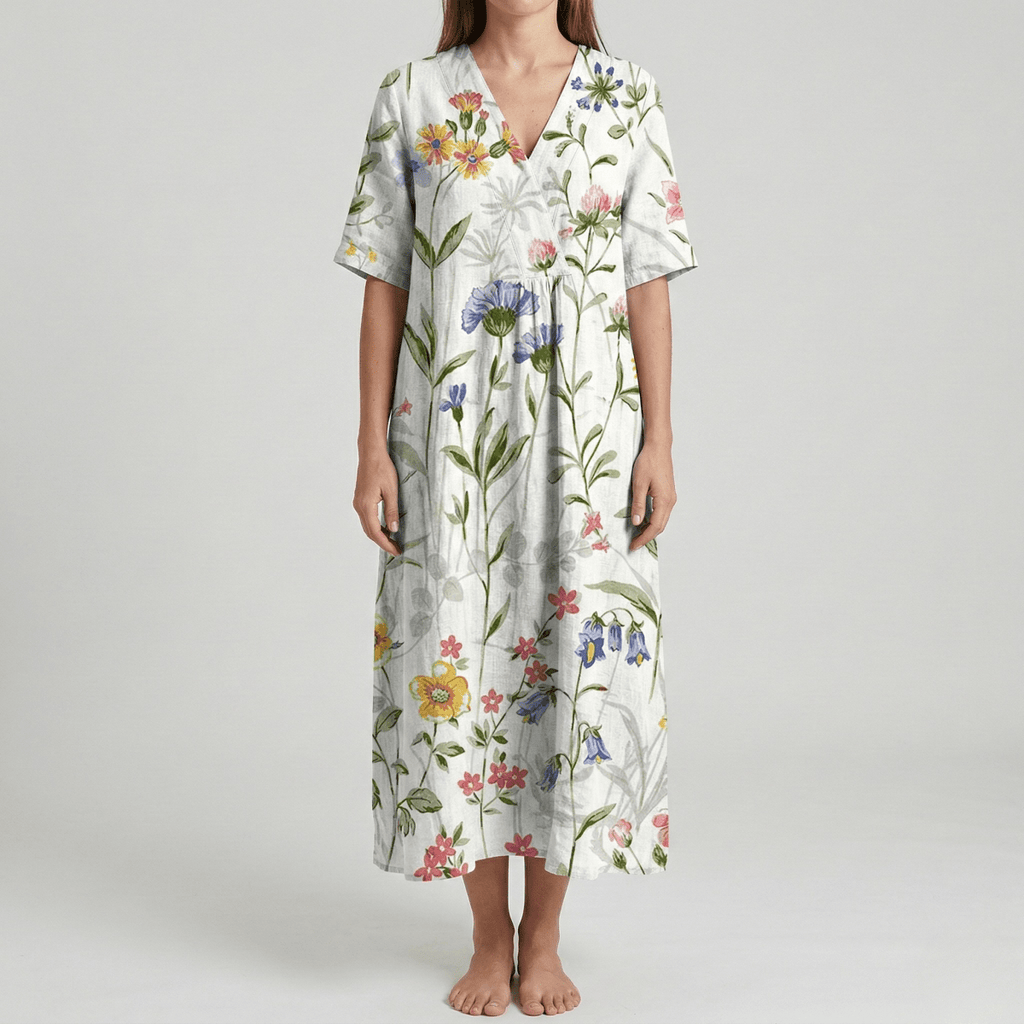 Women's long floral cotton dress with V - neck and short sleeves - Nalani - UK and AUS Fashion Clothing and Decor