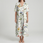 Women's long floral cotton dress with V - neck and short sleeves - Nalani - UK and AUS Fashion Clothing and Decor