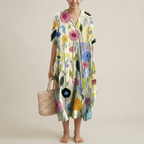 Women's long floral cotton dress with V - neck and short sleeves - Nalani - UK and AUS Fashion Clothing and Decor