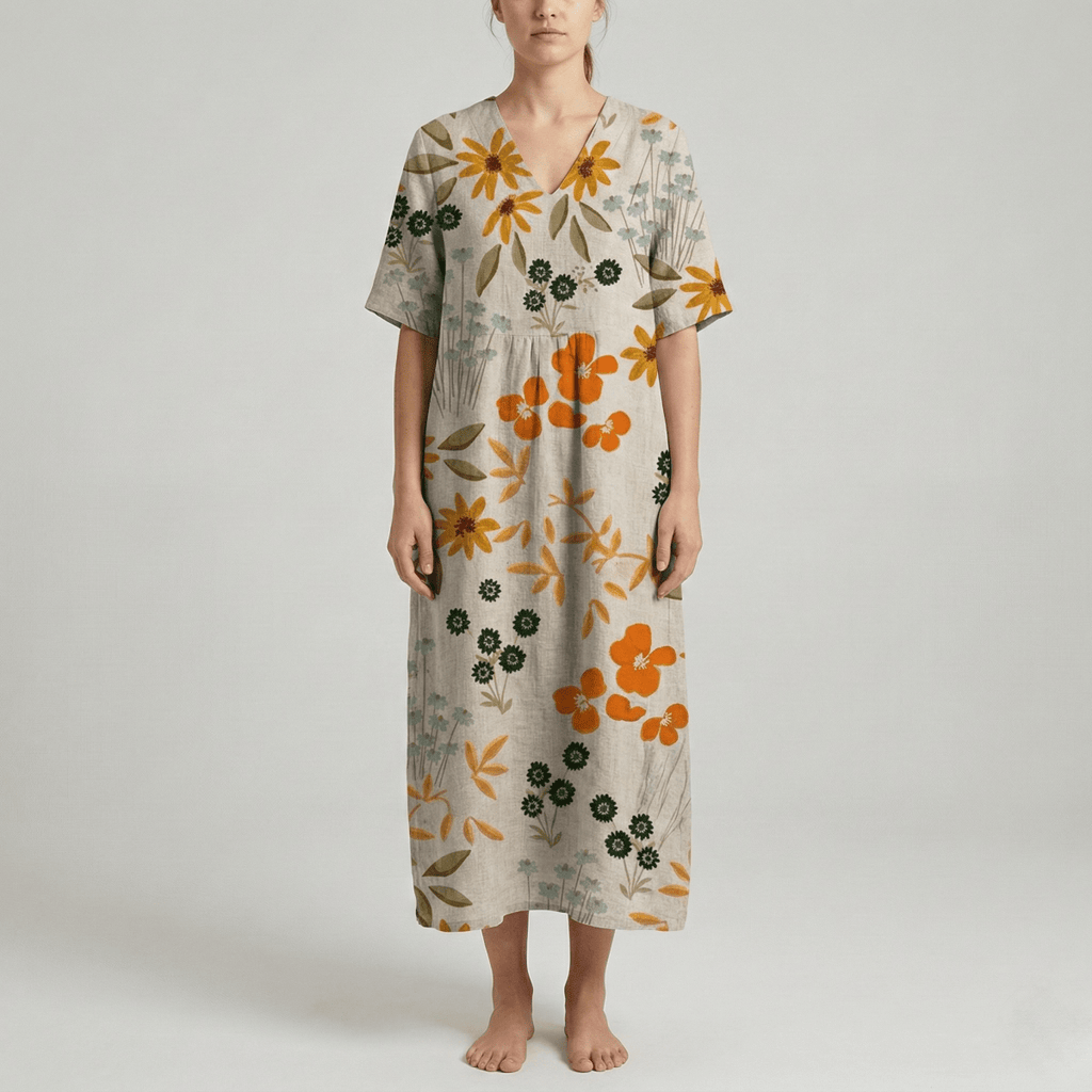 Women's long floral cotton dress with V - neck and short sleeves - Nalani - UK and AUS Fashion Clothing and Decor