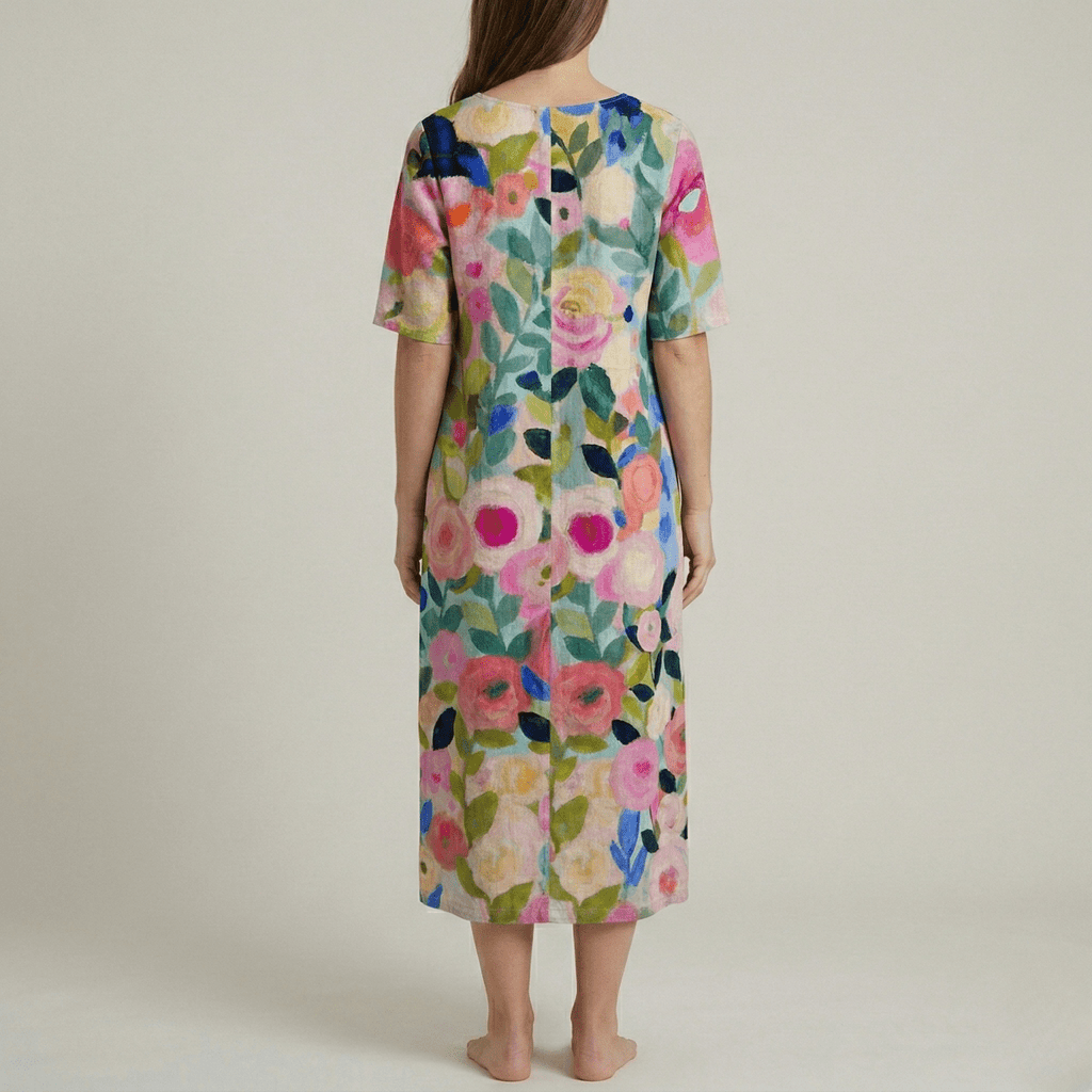 Women's long floral cotton dress with V - neck and short sleeves - Nalani - UK and AUS Fashion Clothing and Decor